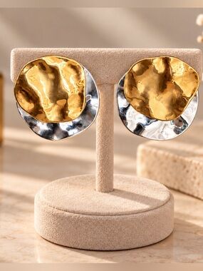 Gold & Silver Hammered Disc Clip Earrings